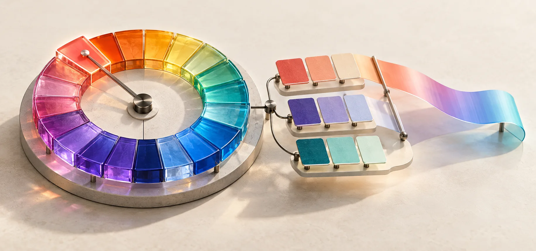 A translucent color wheel, harmonious palette chips, and a gradient ribbon.