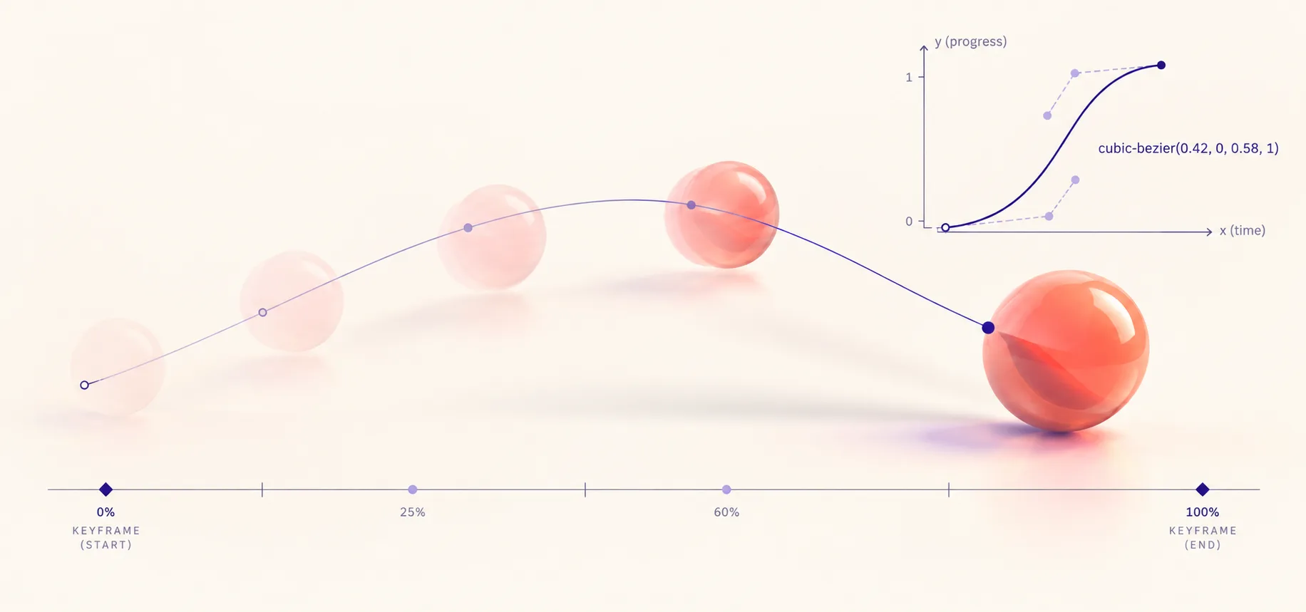 A coral object following a motion trajectory with easing curves and keyframe markers.