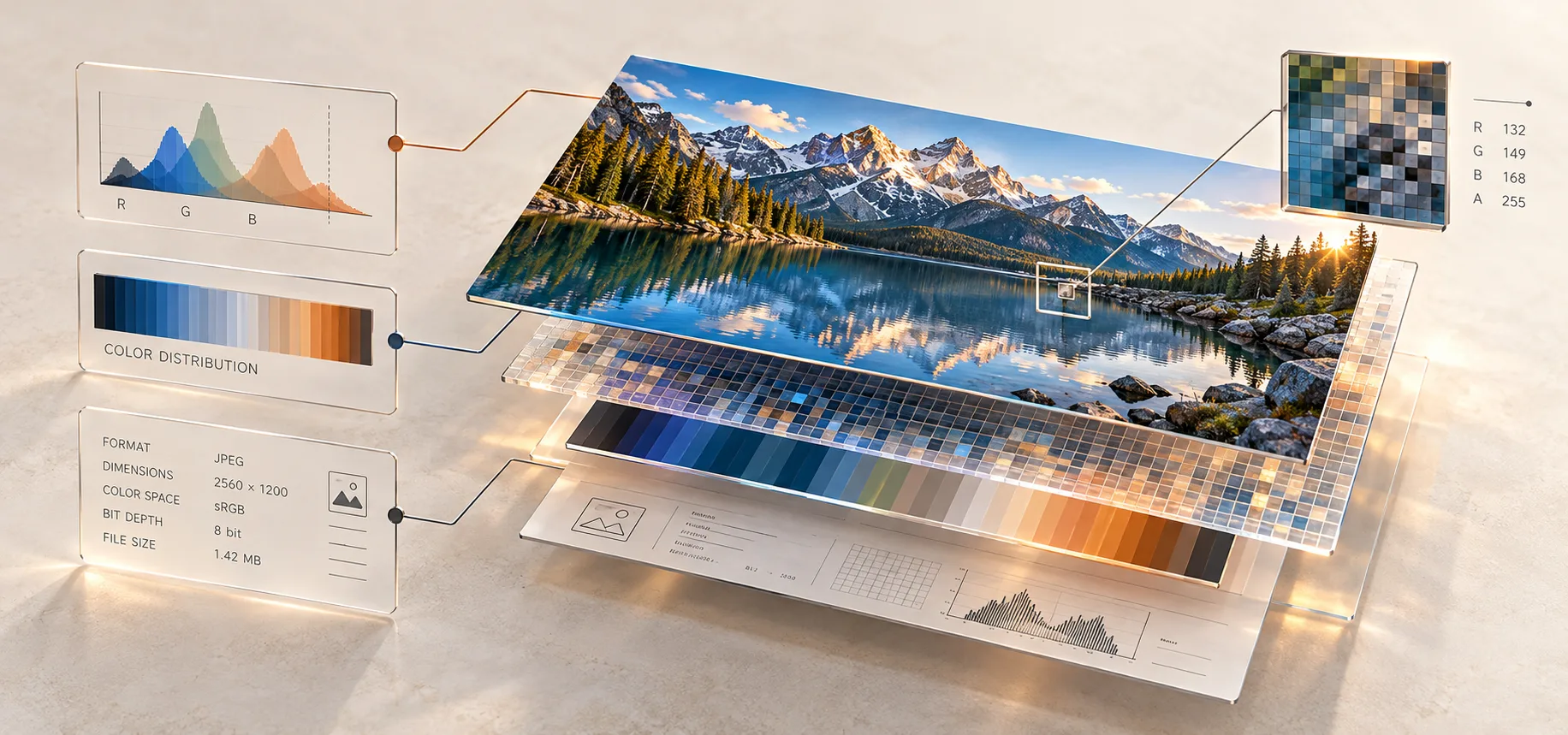 A mountain and lake photograph with pixel sampling, color analysis, and inspection layers.