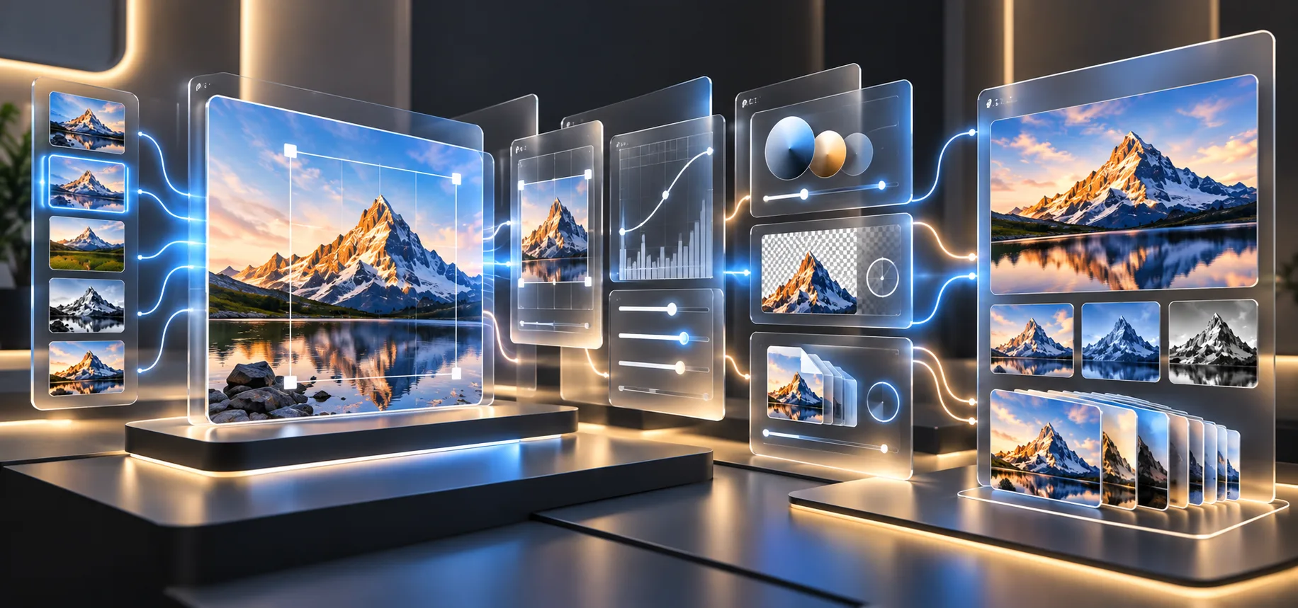 A mountain landscape passing through image processing panels into several prepared outputs.