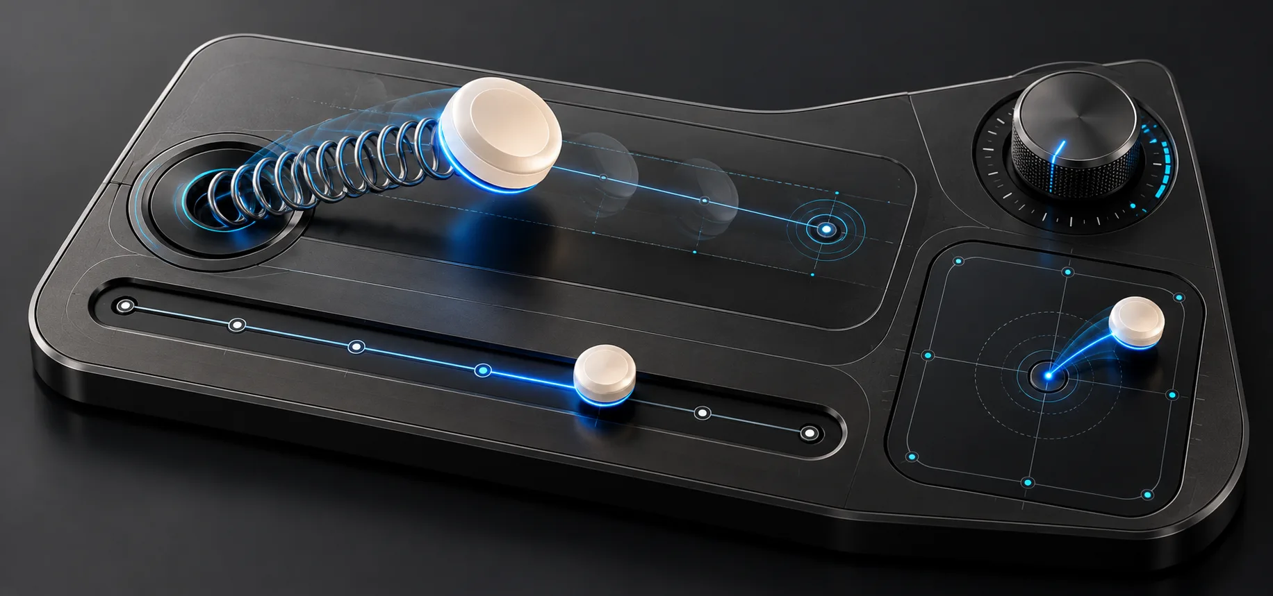 A graphite interaction instrument with a stretched spring, snapping rail, rotary dial, and XY control.