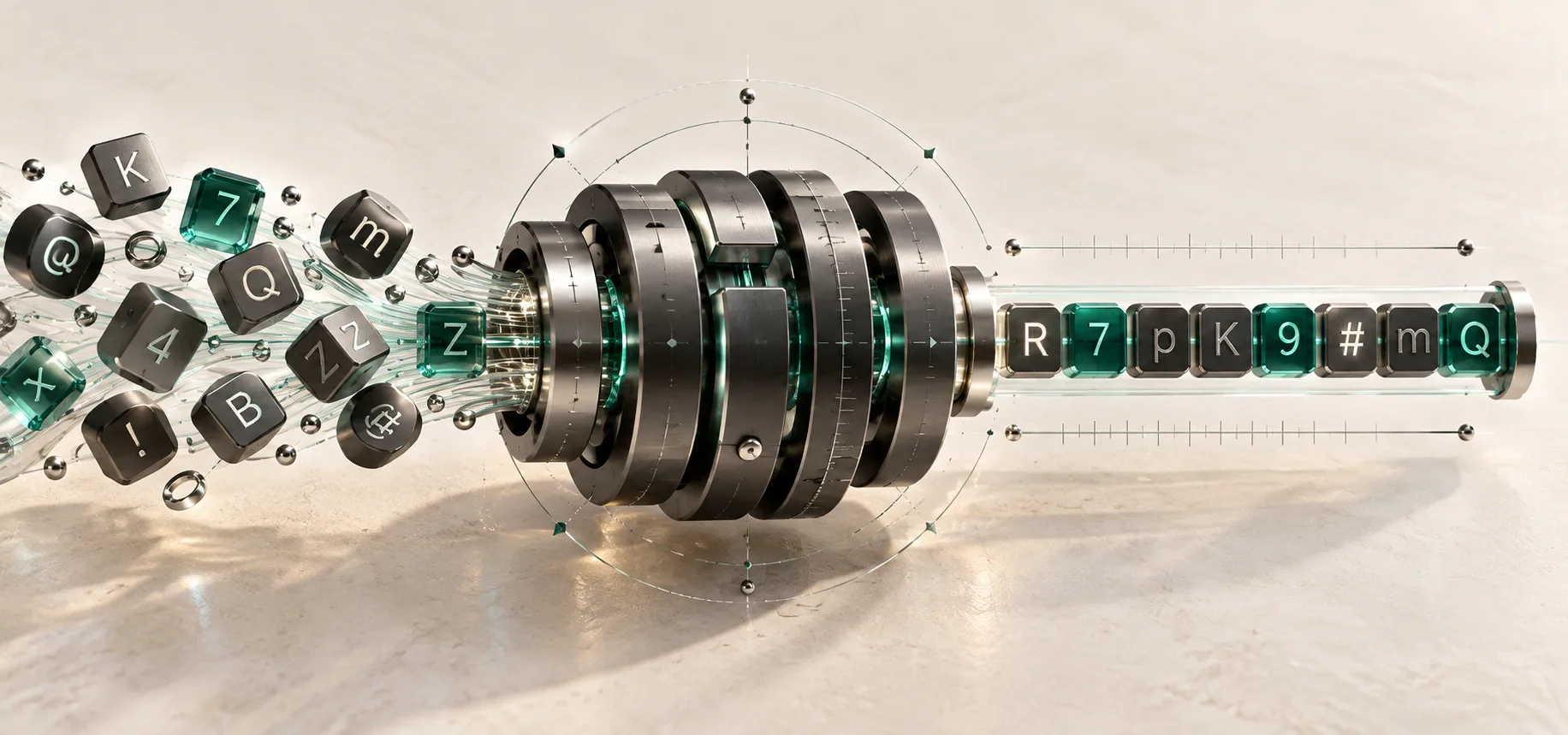 Letters and numbers passing through a cryptographic mechanism into an ordered password.
