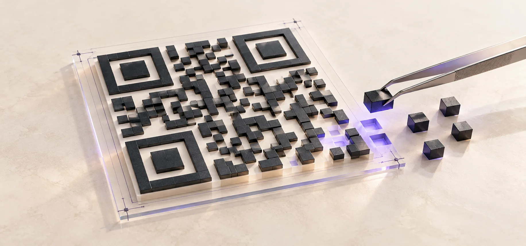 A sculptural QR pattern assembled from precisely aligned graphite modules.