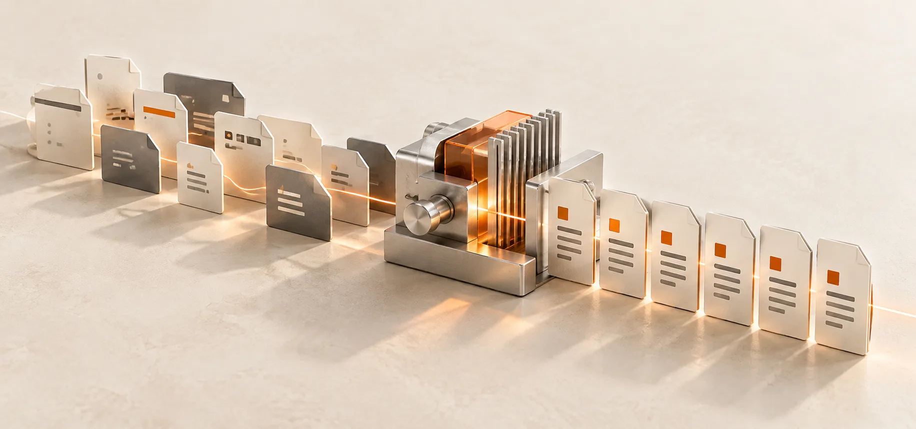 File plates passing through an alignment mechanism into an ordered naming sequence.