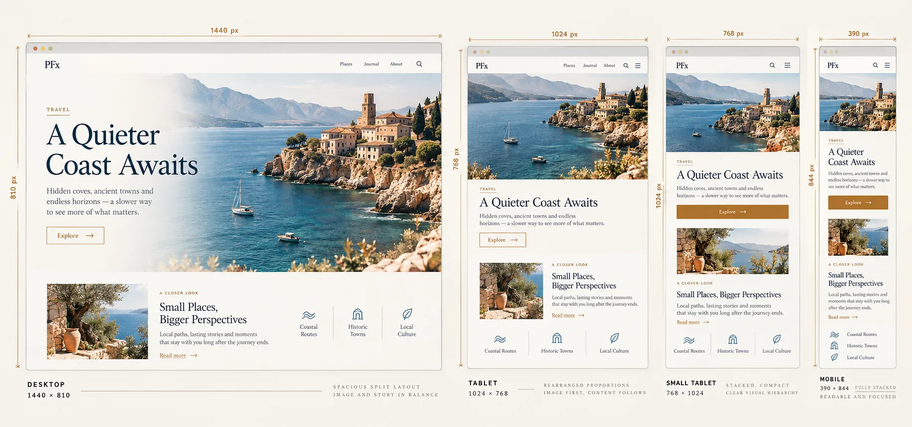 One travel website adapting across desktop, tablet, and mobile viewport frames.
