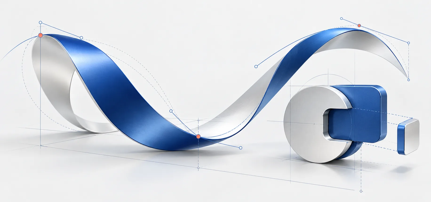 A sculptural blue ribbon with Bézier nodes, control handles, and geometric cutouts.