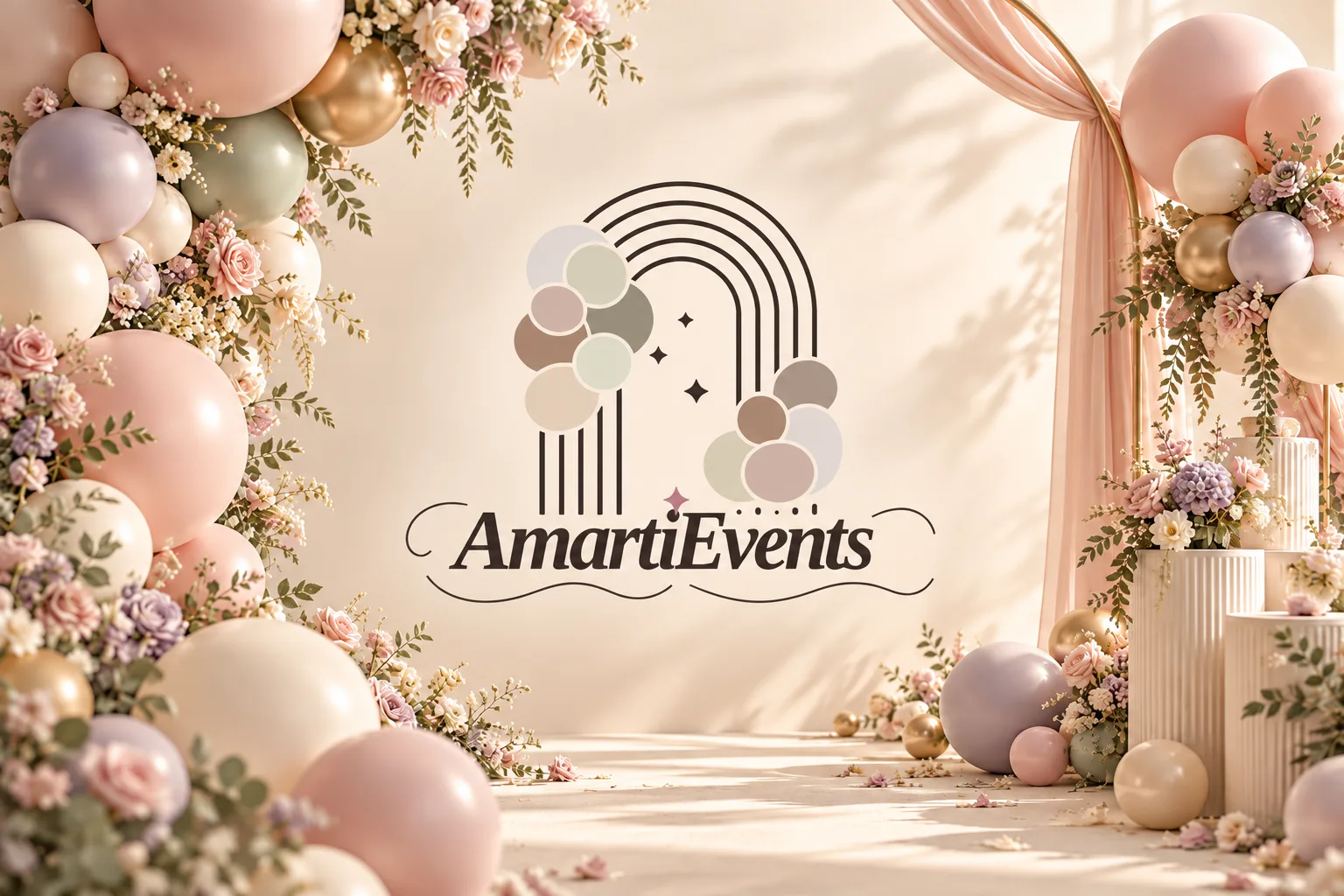 Original Amarti Events arch-and-balloon logo framed by pastel balloons, flowers and celebration decorations.